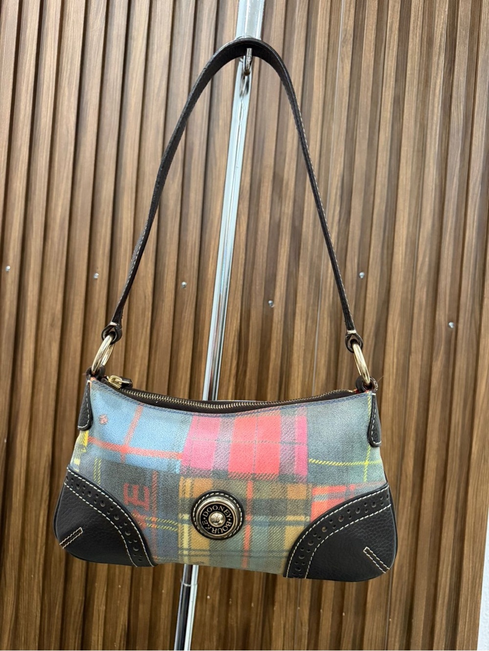 Dooney & Bourke Lady Bug Multicolor Plaid Leather Trim Small Shoulder Bag Purse